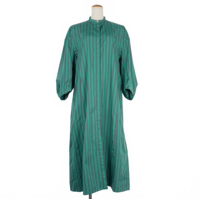 【中古】ジルサンダー JIL SANDER 2022 リゾートコレクション シャツワンピース バルーンスリーブ ストライプ 36 緑
