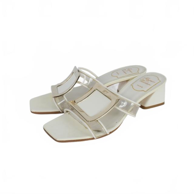 【中古】ロジェヴィヴィエ ROGER VIVIER PVC×レザー スクエアバックル ミュール サンダル 36.5 白 ホワイト