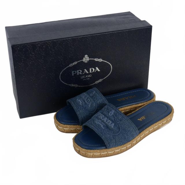 中古】プラダ PRADA デニム ロゴ刺繍 エスパドリーユ サンダル