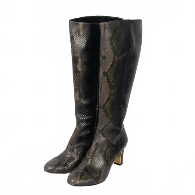 【中古】サルヴァトーレフェラガモ Salvatore Ferragamo パイソン ロングブーツ 7cmヒール サイズ8 チャコール