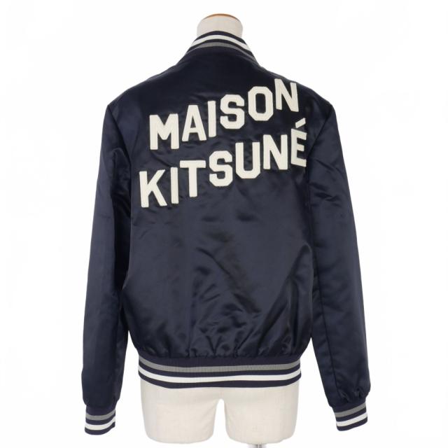 【中古】メゾンキツネ MAISON KITSUNE バックロゴ サテン テディブルゾン スタジャン S 紺 ネイビー KML-49000-A