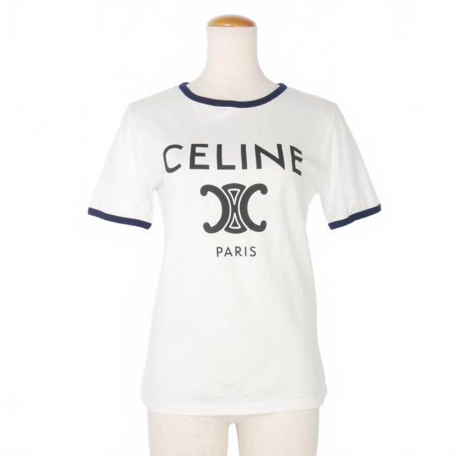 【中古】セリーヌ CELINE トリオンフ ロゴ プリント Ｔシャツ 半袖 パイピング XS ホワイト 白 レディース