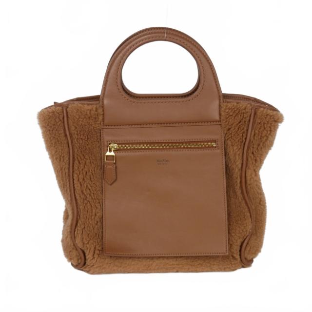 【中古】マックスマーラ MAX MARA テディベア リバーシブル ラムレザー ムートン ファー 2way ハンドバッグ トート 茶