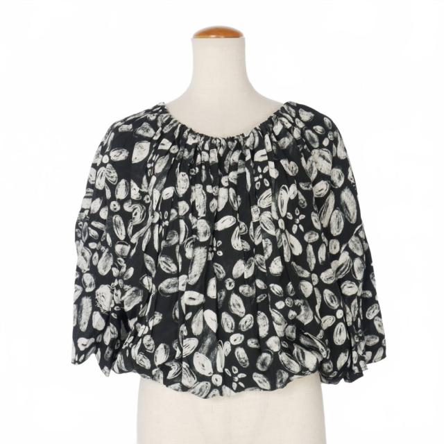 【中古】マルニ MARNI 24AW フラワープリント ギャザーネック ブラウス トップス 五分袖 40 白 黒 ホワイト ブラック