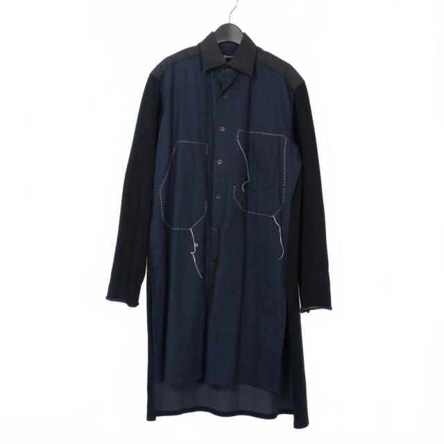 【中古】ワイスリー Y-3 ヨウジヤマモト 切替 ロングシャツ 長袖 ステッチ XS 黒 紺 ブラック ネイビー DP0567 メンズ