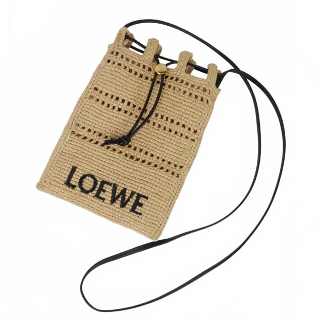 【中古】ロエベ LOEWE ドローストリング ポケット ショルダーバッグ ラフィア アナグラム クロスボディ ベージュ