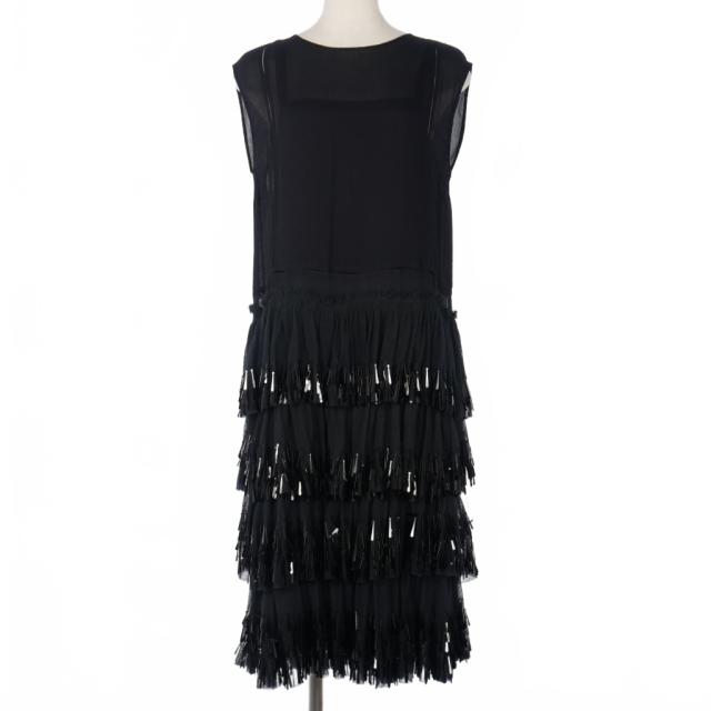 【中古】ドリスヴァンノッテン DRIES VAN NOTEN スパンコール フリンジ ティアード ワンピース ノースリーブ 36 黒