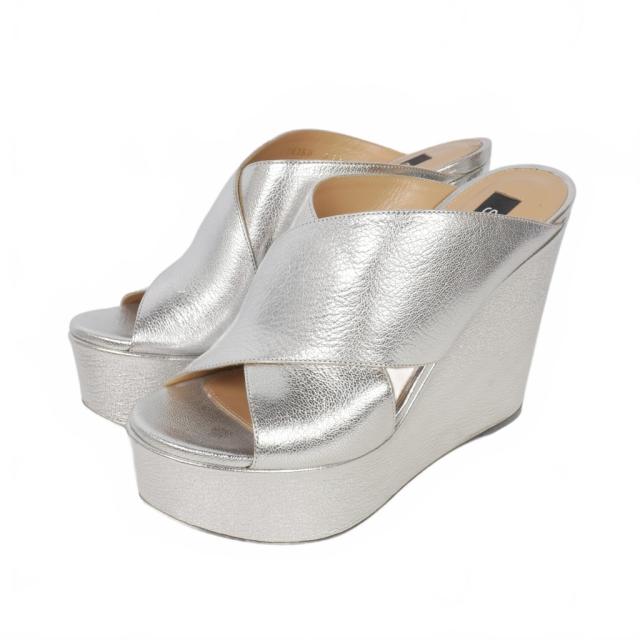 【中古】セルジオロッシ Sergio rossi クロスストラップ ウェッジ サンダル 37.5 シルバー レディース