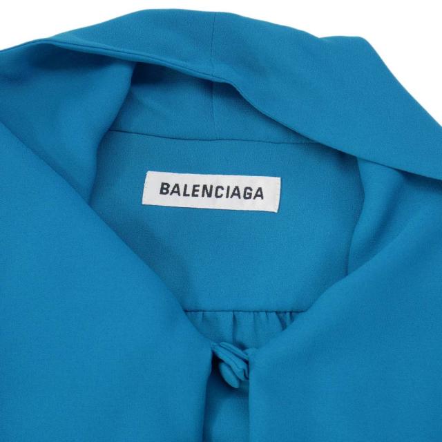 【中古】バレンシアガ BALENCIAGA 20SS スカーフ リボン ブラウス シャツ オーバーサイズ 半袖 36 青 ブルー 602571