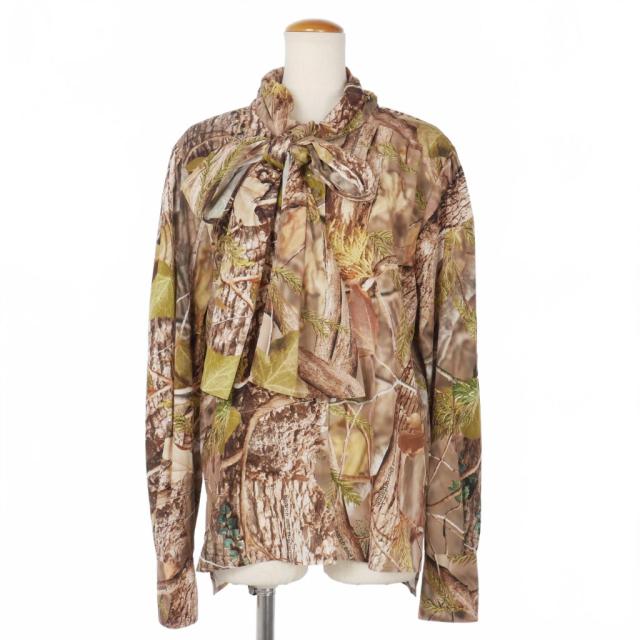 【中古】フミエタナカ FUMIE TANAKA カモフラ柄 リボンブラウス シャツ 迷彩 長袖 2 カーキ F2 レディース