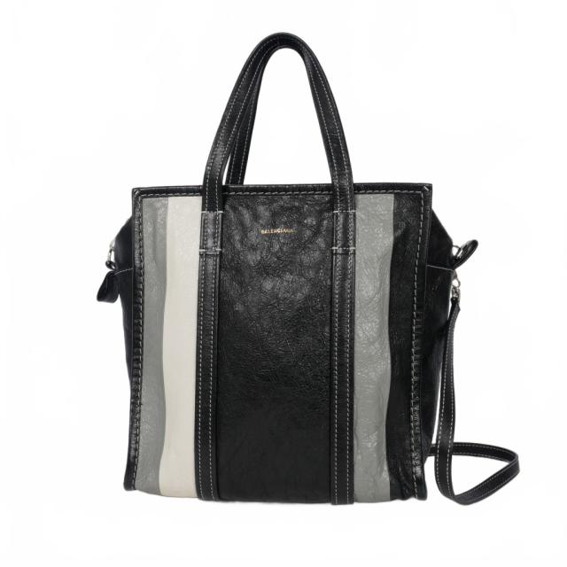 【中古】バレンシアガ BALENCIAGA バザール ショッパー 2WAY ショルダーバッグ ハンドバッグ ストライプ グレー 黒