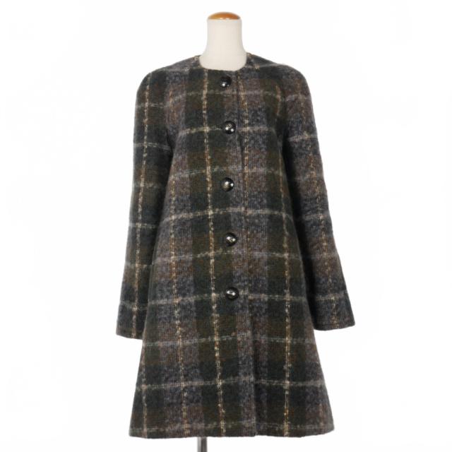【中古】ステラマッカートニー STELLA McCARTNEY ノーカラー チェック ツイードコート ウール モヘヤ 36 茶 ブラウン