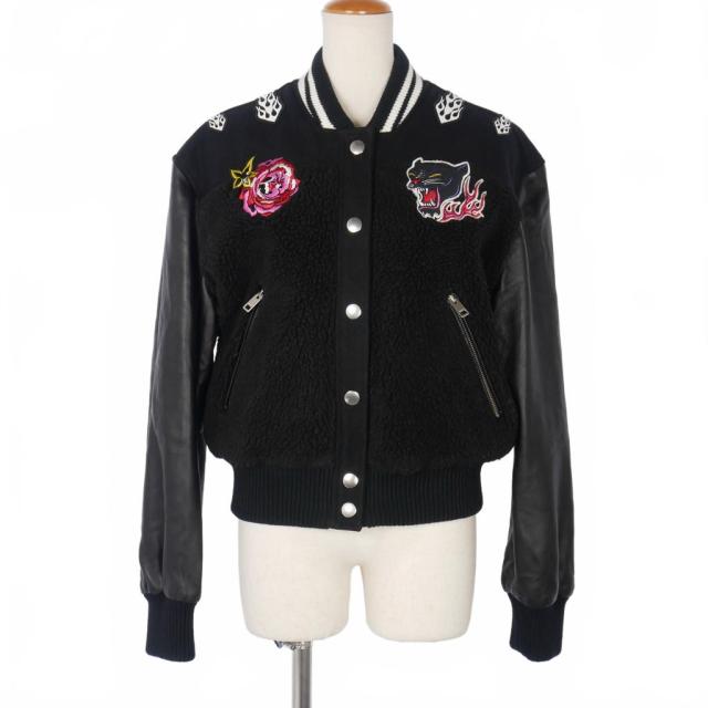 【中古】ディーゼル DIESEL ラムレザーブルゾン ボアジャケット リブ袖 フラワーパッチ 切替 M 黒 ブラック 国内正規