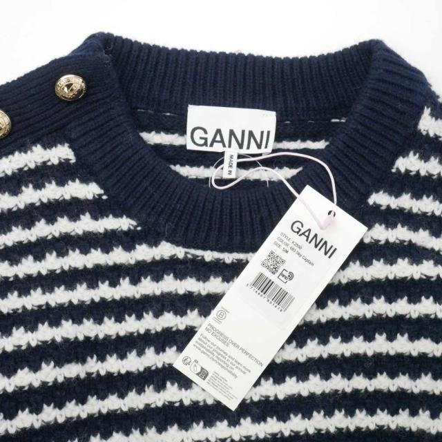 【中古】未使用品 ガニー GANNI コットン ウール ストライプ ニット セーター ボーダー 長袖 金ボタン S-M 白 青_4