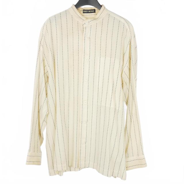 【中古】イッセイミヤケ ISSEY MIYAKE 95SS バンドカラー ストライプシャツ シルク ステッチ ホワイト 白 ME51-FJ207 メンズ