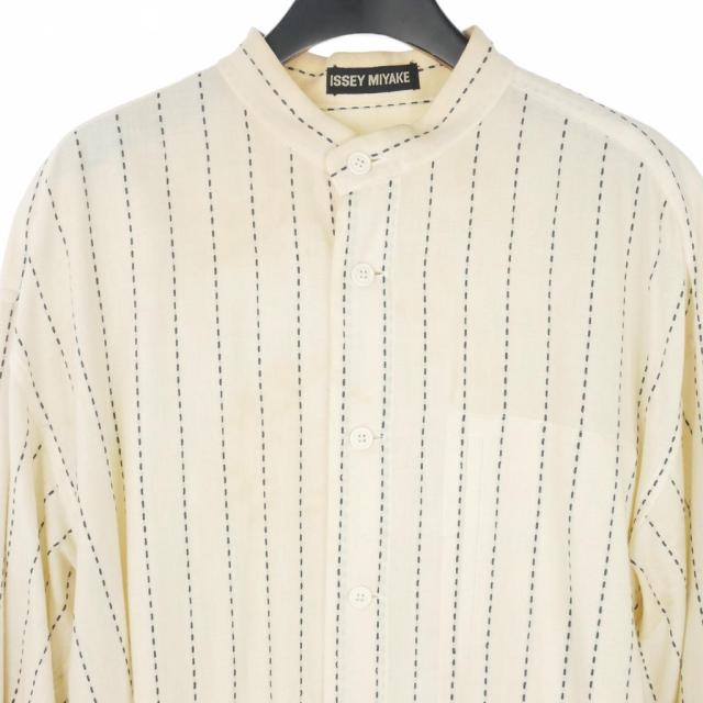 【中古】イッセイミヤケ ISSEY MIYAKE 95SS バンドカラー ストライプシャツ シルク ステッチ ホワイト 白 ME51-FJ207 メンズ_1