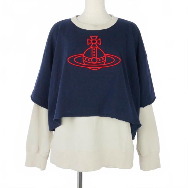 【中古】ヴィヴィアンウエストウッドレッドレーベル レイヤードスウェット ロゴ刺繍 長袖 00 ネイビー アイボリー