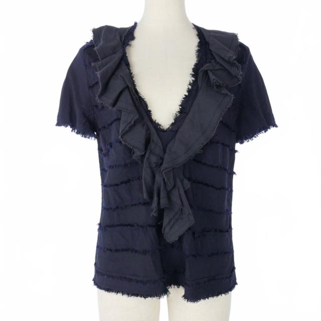 【中古】トリココムデギャルソン tricot COMME des GARCONS Vネック ブラウス フリル 半袖 無地 M ネイビー 紺