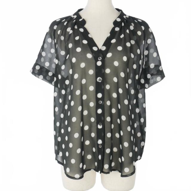 【中古】ドリスヴァンノッテン DRIES VAN NOTEN シアーブラウス スキッパー シャツ ドット 半袖 36 黒 白