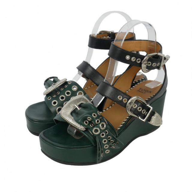 【中古】トーガ プルラ TOGA PULLA アンクルストラップ サンダル メタルバックル サイズ36 緑 黒