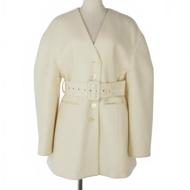 【中古】アキラナカ AKIRA NAKA 22AW Flora belted collarless coat ノーカラーウールコート ミディ丈 2 白 ホワイト
