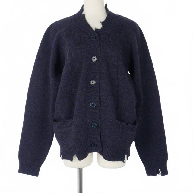 【中古】メゾンマルジェラ 19AW ダメージ加工 ニットカーディガン ウール 無地 S 紺 ダークネイビー