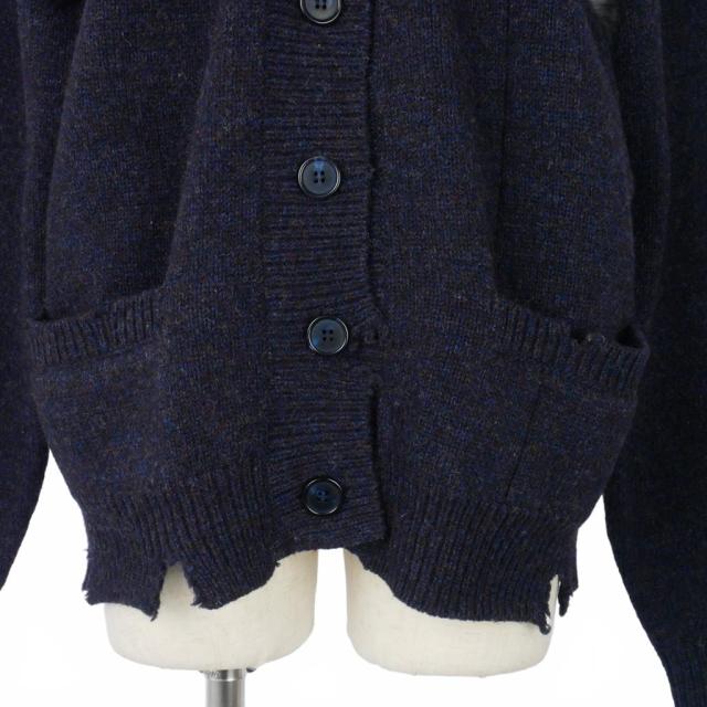【中古】メゾンマルジェラ 19AW ダメージ加工 ニットカーディガン ウール 無地 S 紺 ダークネイビー_2