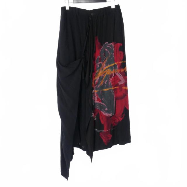 【中古】ヨウジヤマモト YOHJI YAMAMOTO ブラックスキャンダル 20SS アートプリント レイヤード ラップドレープパンツ