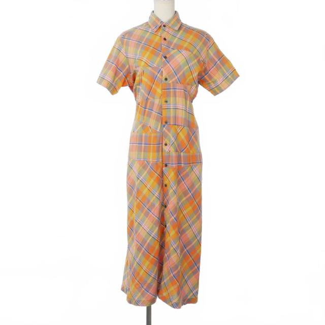 【中古】トリココムデギャルソン 90's ロングシャツワンピース ドレス チェック コットン 半袖 オレンジ