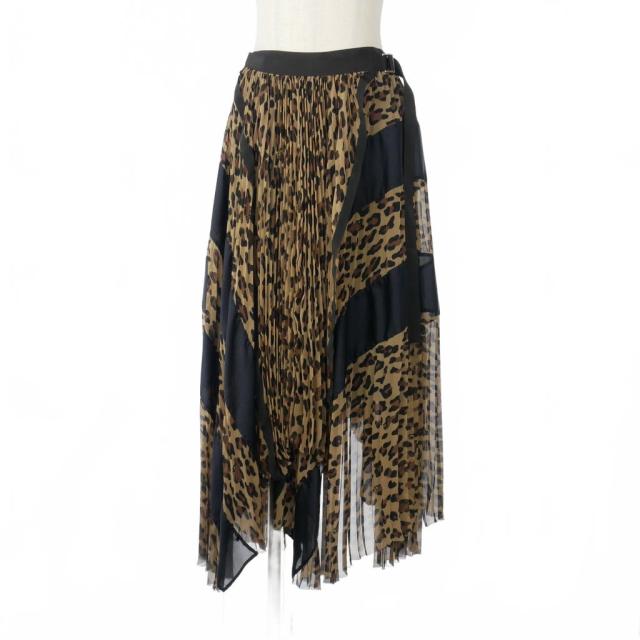【中古】サカイ sacai レオパード柄 シフォン プリーツ ロングスカート 2 ベージュ 19-04553 レディース