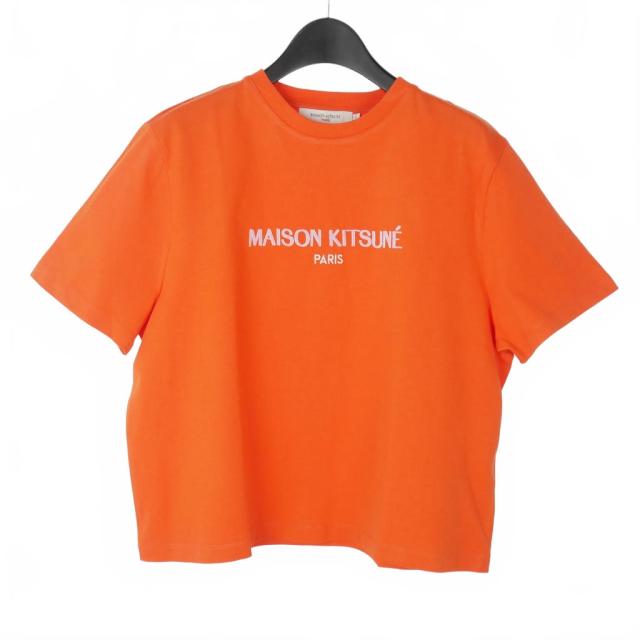 【中古】メゾンキツネ MAISON KITSUNE ロゴ刺繍 Tシャツ カットソー 半袖 Uネック コットン M オレンジ
