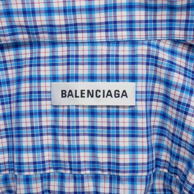 【中古】バレンシアガ BALENCIAGA 2017年 チェック コットンシャツワンピース ロング丈 長袖 34 青_7