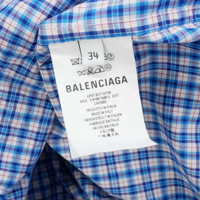 【中古】バレンシアガ BALENCIAGA 2017年 チェック コットンシャツワンピース ロング丈 長袖 34 青_8