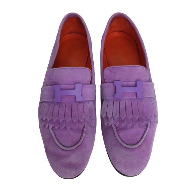 【中古】エルメス HERMES モカシン ロワイヤル タッセル ローファー Hロゴ バイカラー スエード パープル オレンジ 37_3