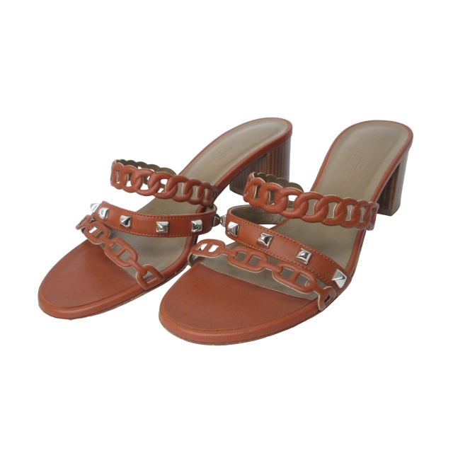 【中古】エルメス HERMES サンダル ミュール シェーヌダンクル アジャッチオ スタッズ レザー 茶 ブラウン 36