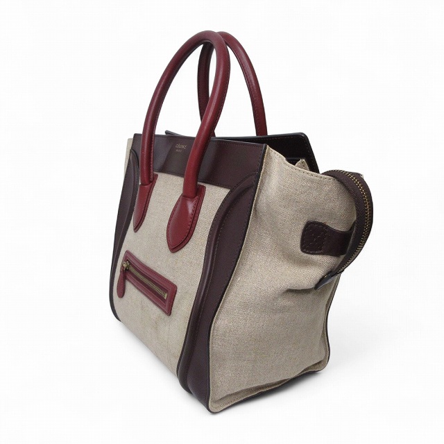 【中古】セリーヌ CELINE トートバッグ ラゲージ ミニショパー ベージュ 茶色 ボルドー キャンバス レザー 165212PSA レディース