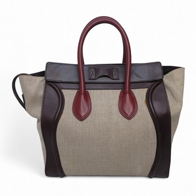【中古】セリーヌ CELINE トートバッグ ラゲージ ミニショパー ベージュ 茶色 ボルドー キャンバス レザー 165212PSA レディース