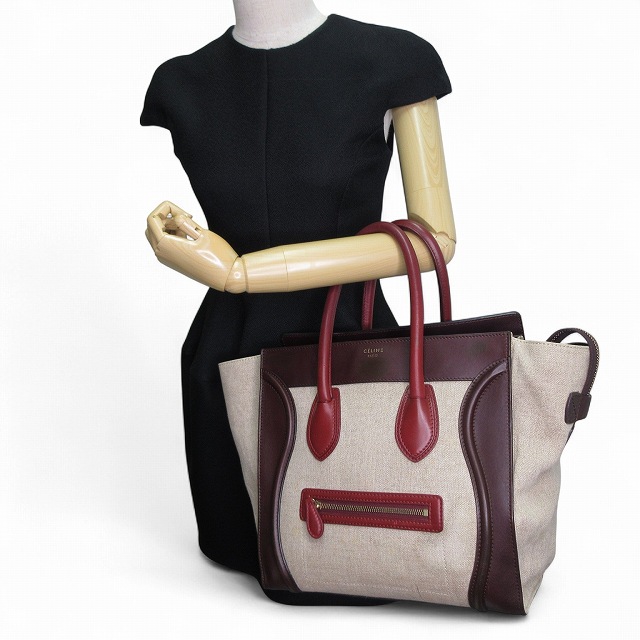 【中古】セリーヌ CELINE トートバッグ ラゲージ ミニショパー ベージュ 茶色 ボルドー キャンバス レザー 165212PSA レディース