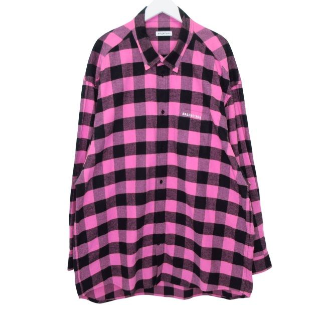 【中古】バレンシアガ BALENCIAGA シャツ チェック コットン ボタンダウン オーバーサイズ ロゴ 34 XL相当 E02250526264