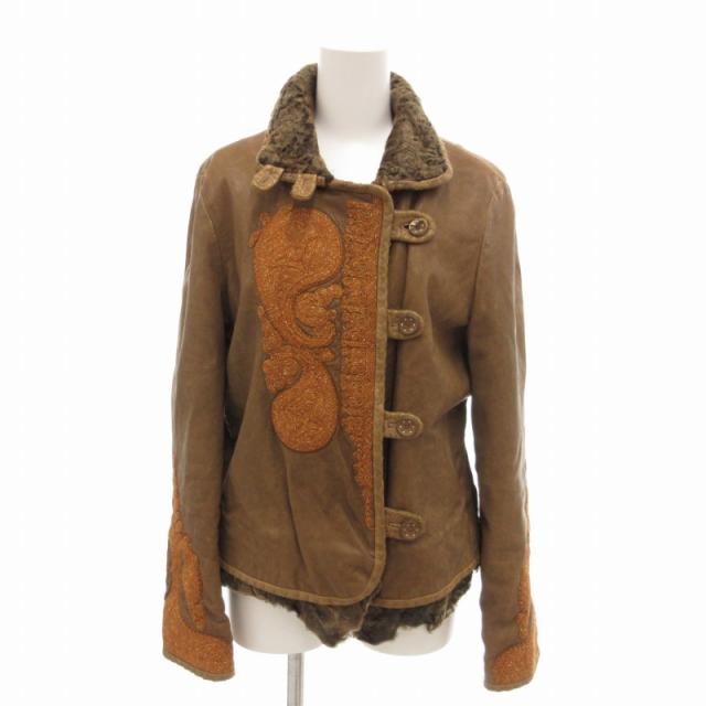 【中古】ERMANNO SCERVINO キッドレザージャケット ゴートスキン カルガンラム リアルファー 毛皮 ラメ刺繍 IT40