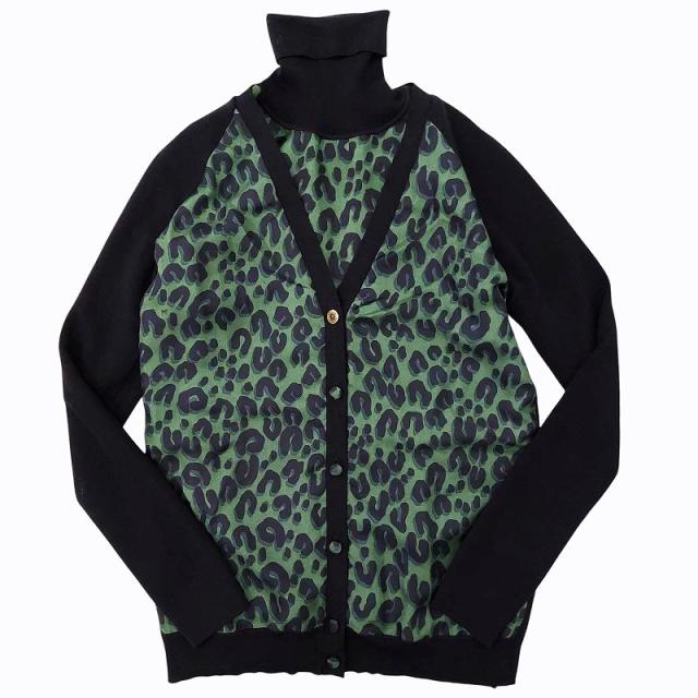 【中古】ルイヴィトン LOUIS VUITTON シルク アンサンブルニット セーター カーディガン レオパード柄 羽織り ハイネック ロゴ の通販は