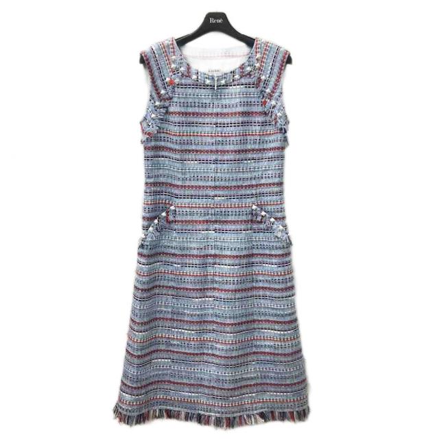 【中古】ルネ ワンピース ノースリーブ スタッズ ミモレ ロング 麻 リネン混 34 S 青 ブルー 赤 レッド 白 ホワイト