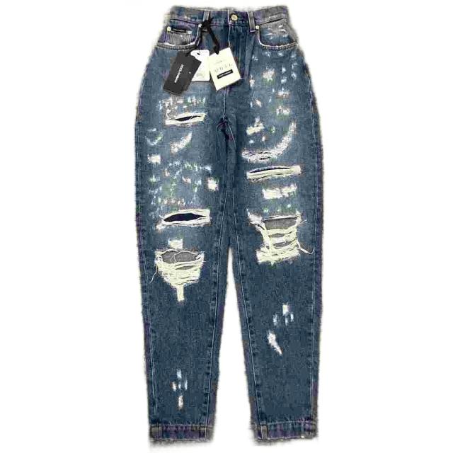 【中古】ドルチェ&ガッバーナ タグ付き デニムパンツ ジーンズ ダメージ加工 刺繍 テーパード ジップフライ 36 XXS
