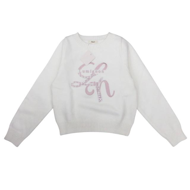 【中古】未使用品 ルミニョン lumignon タグ付き ニット セーター ビジュー ラインストーン ロゴ クロップド 短丈 F