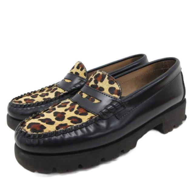 【中古】ジーエイチバス レオパードコンビローファー モカシン 革靴 レザーシューズ 厚底 プラットフォーム 37 黒