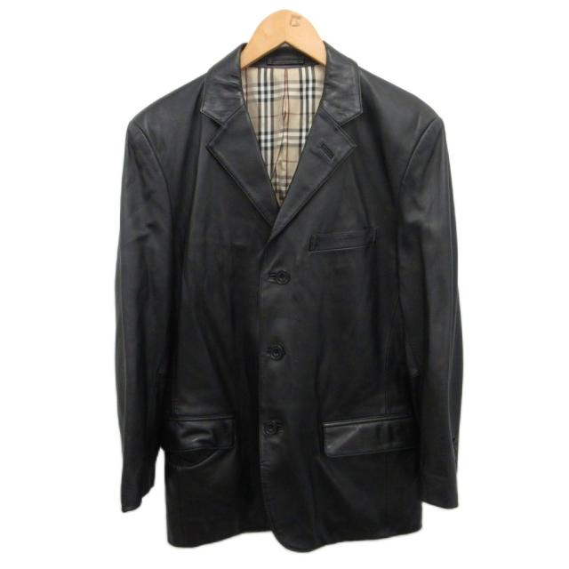【中古】バーバリーブラックレーベル BURBERRY テーラードジャケット ブレザー レザー 羊革 ノバチェック ブラック M