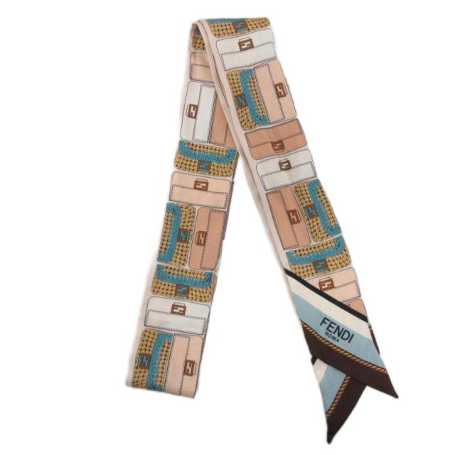 【中古】フェンディ FENDI ラッピー ツイリー マンマバケット柄 総柄 ストール ロゴ ベージュ マルチカラー