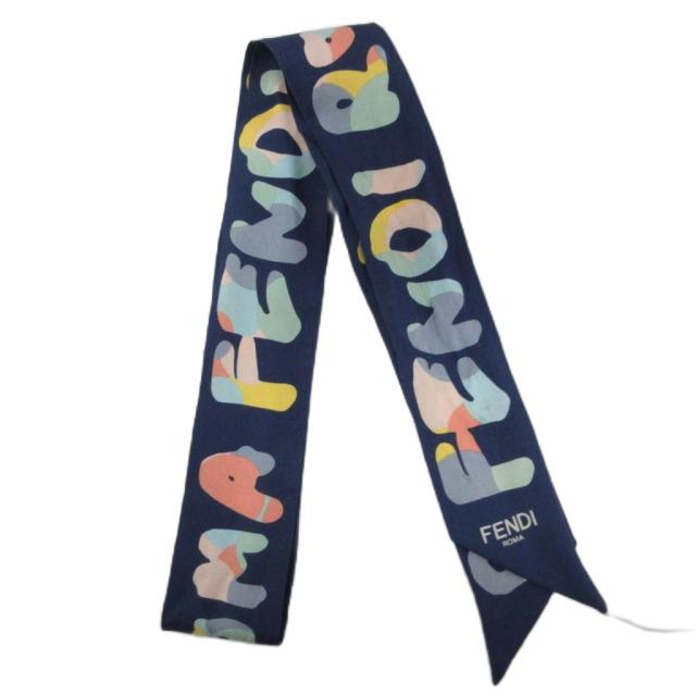 【中古】フェンディ FENDI ラッピー ツイリー スカーフ ロゴ ストール 総柄 紺 ネイビー マルチカラー レディース