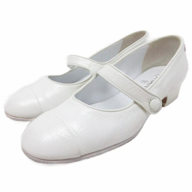 【中古】シャネル ココマーク パンプス レザー メリージェーン ラウンドトゥ ヒール ゴールド金具 ロゴ金具 37C