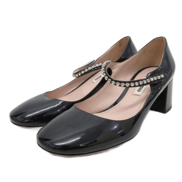 【中古】ミュウミュウ miumiu パンプス ヒール エナメル ラインストーン  黒 ブラック 36 約23?p ■IBO93